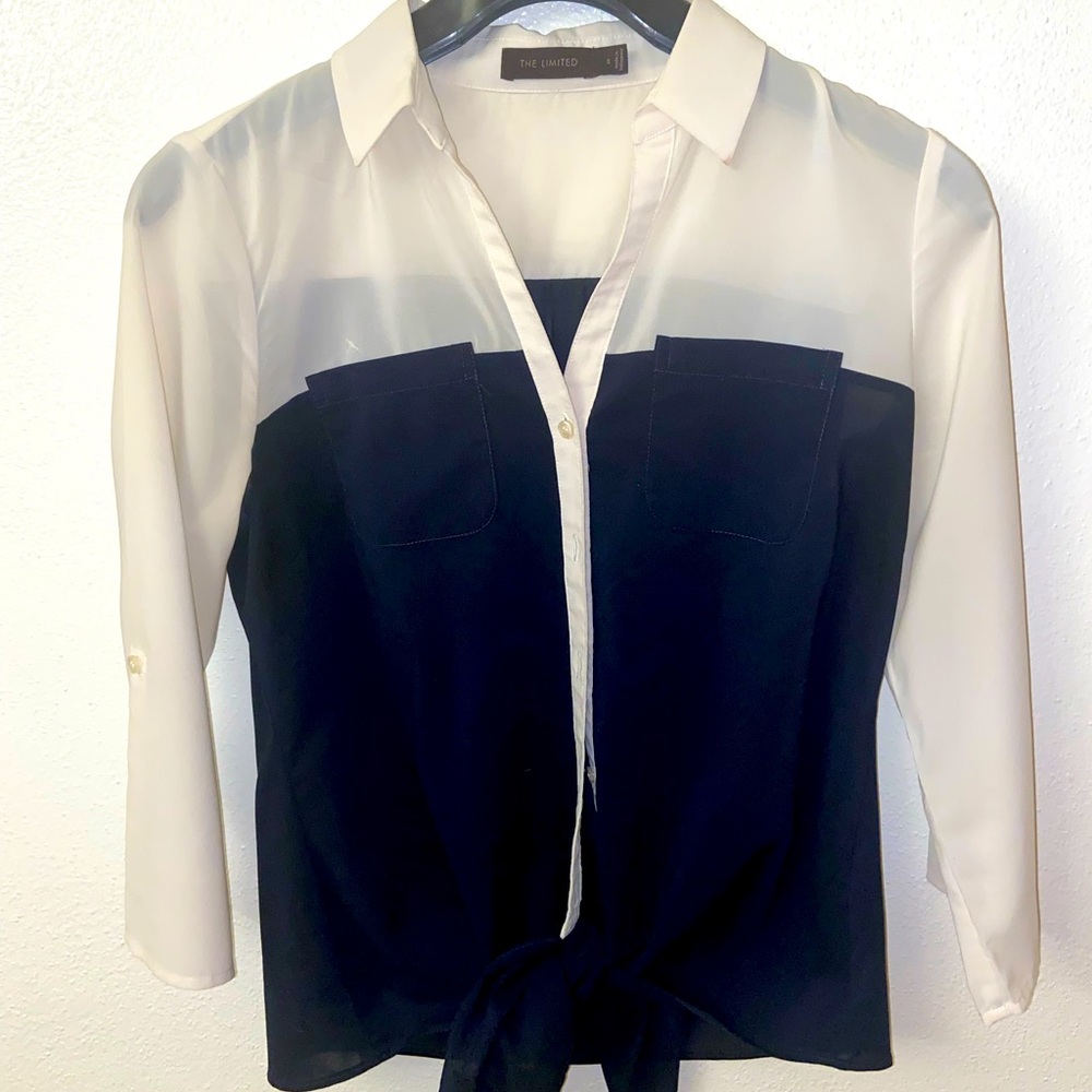 The limited blue and cream tie blouse
